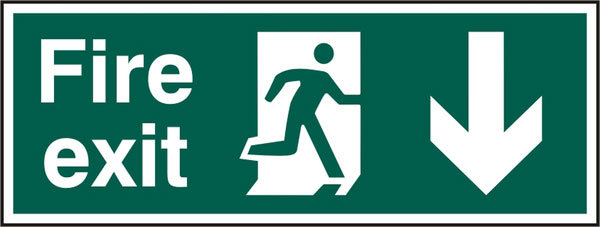 Fire Exit Man Arrow Down Sign, Rigid Plastic - 400mm x 150mm