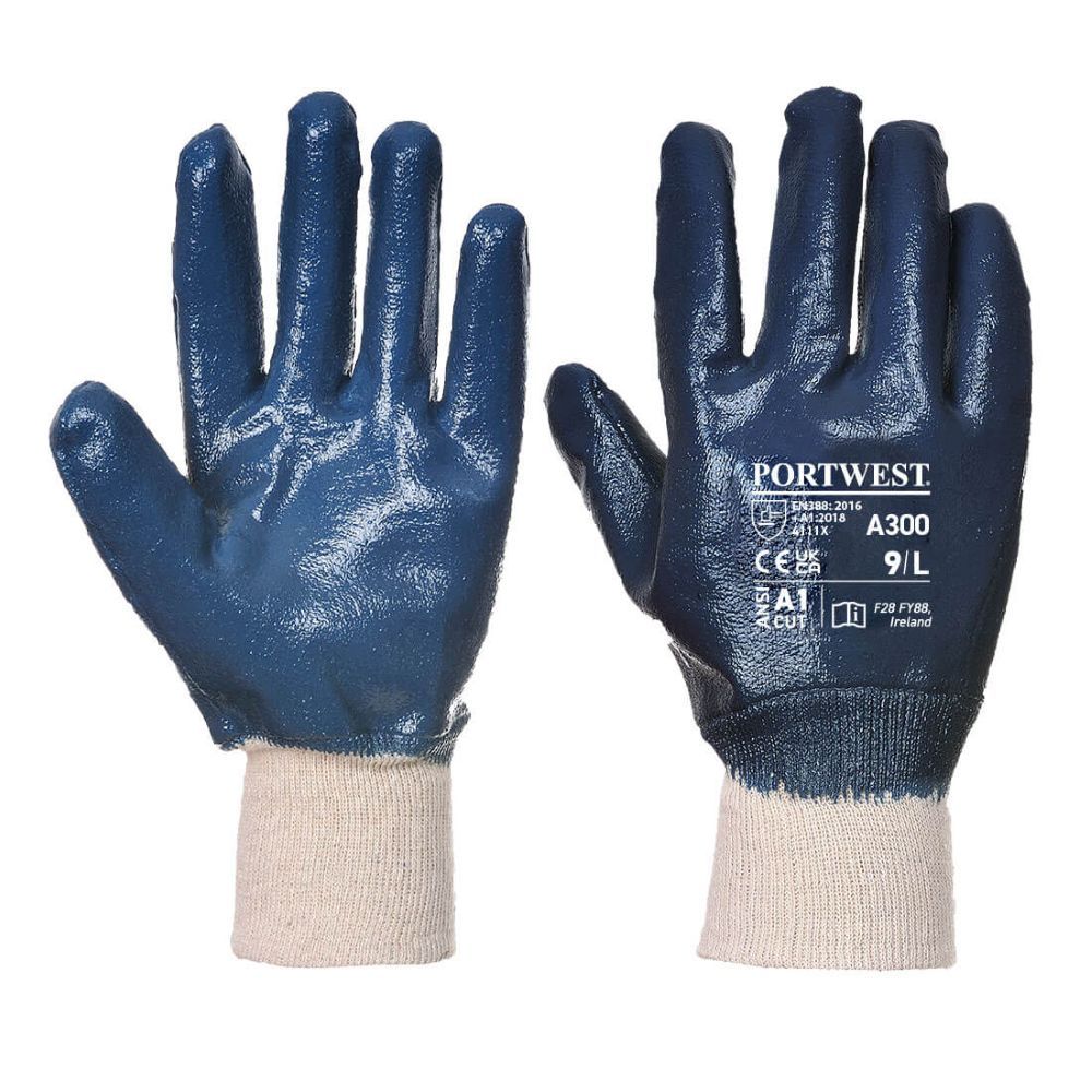 Nitrile Coated, Fully Dipped, Knit Wrist Glove, Navy - Size Large