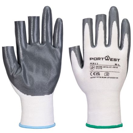 Grip 13 Nitrile 3 Fingerless Glove, Pack of 12, White/Grey - XS